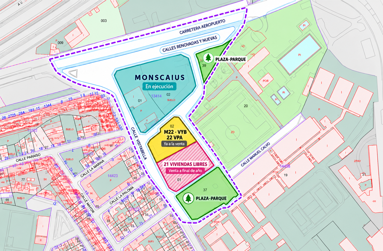 Mapa del sector F56.2.A con el ámbito de urbanización, Monscaius, M22 y sus 22 VPA, la futura promoción de 21 viviendas libres y las dos plazas-parque